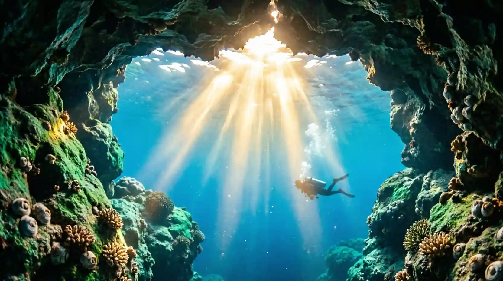 Rayons de lumière traversant une grotte sous-marine